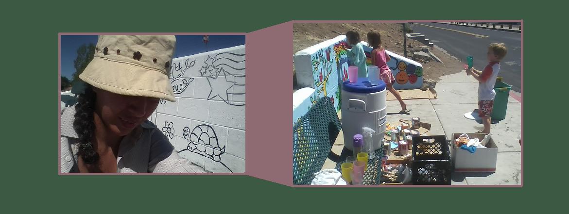 Julieta is shown painting outlines and the picture to the right of it shows HDMS students painting in the outlines of what is known to be the happiest mural in the neighborhood.